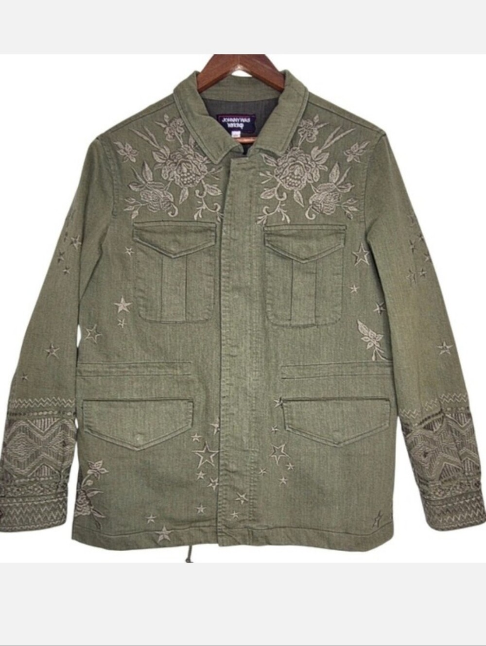 Johnny Was Zhenya Olive Green Embroidered Star Utility Jacket Size Small